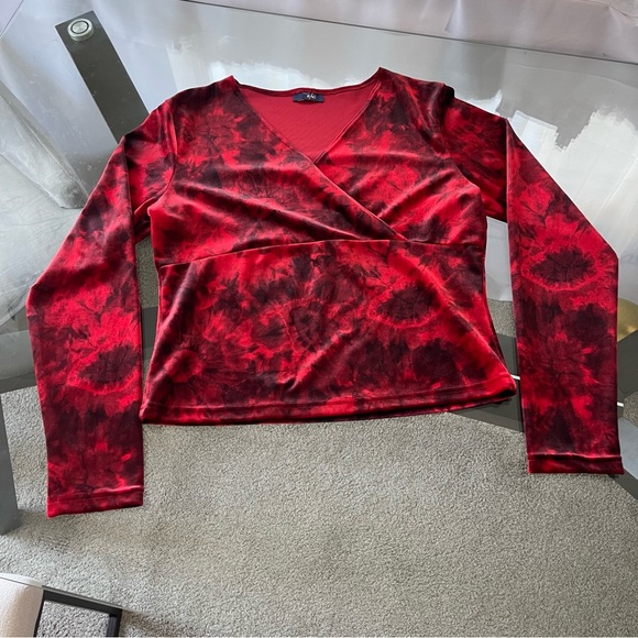 Rag Tops - Rag Womens Velvet Y2K Whimsigoth Fairy Babydoll Top Size L Red Black Tie Dye